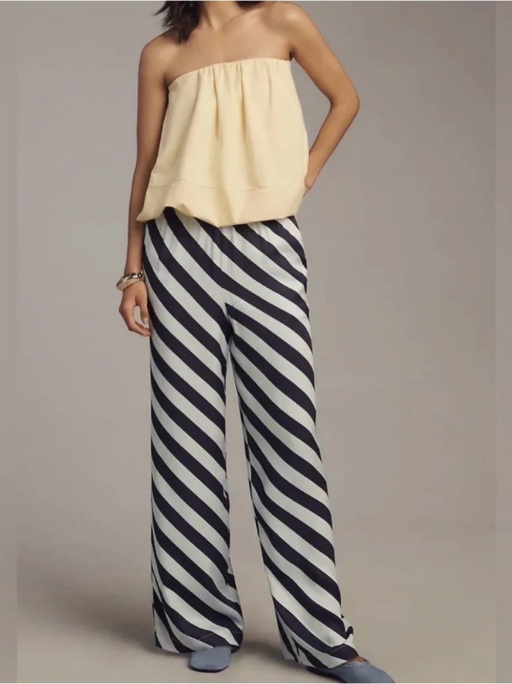 Anthropologie Maeve The Brooklin Printed Wide Leg Pants Navy Blue Stripe L